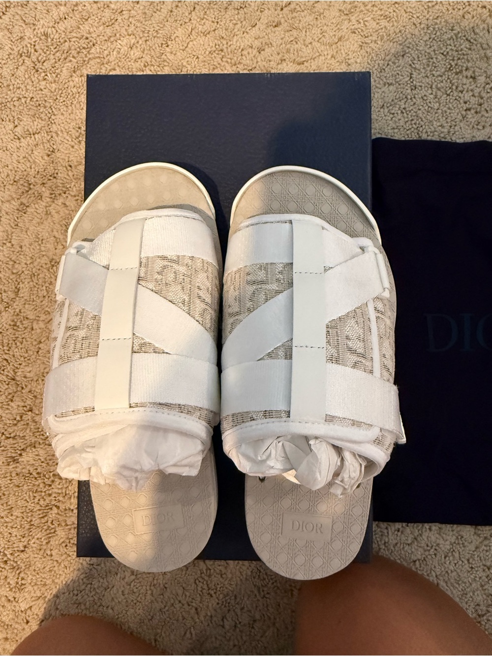 Dior White Canvas Alpha Slide Sandals